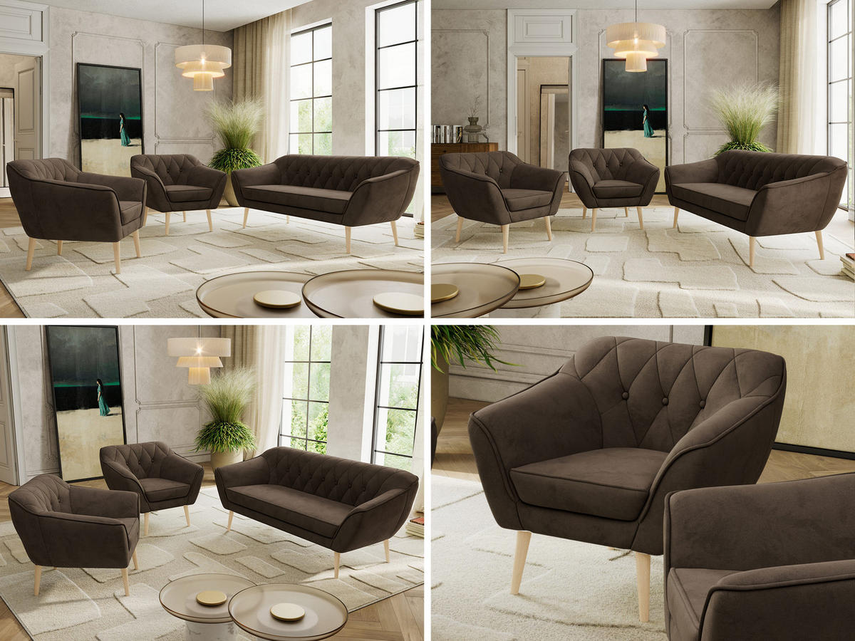 SITZGARNITUR PIRS 3+1+1 - Braun Velvet - Holzbeine - Dunkelbraun/Buchefarben, Holzwerkstoff/Textil (180/75/74cm) - MKS