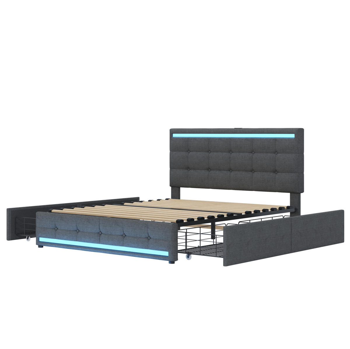 ČALÚNENÁ posteľ 140/200 cm s LED osvetlením, 2 USB portami a 4 zásuvkami, úložná, Sivá - sivá, textil (140/200cm) - Redom