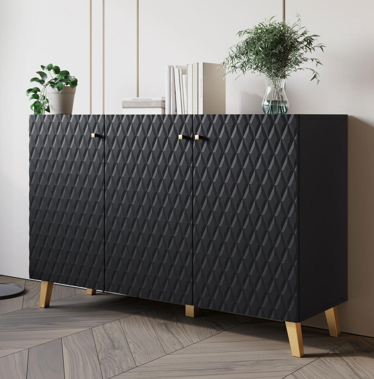 KOMMODE Phuket Graphit Schwarz, Rautenmuster 120 / 39 / 76 cm - Goldfarben/Graphitfarben, Holz/Holzwerkstoff (120/76/39cm) - Feldmann-Wohnen