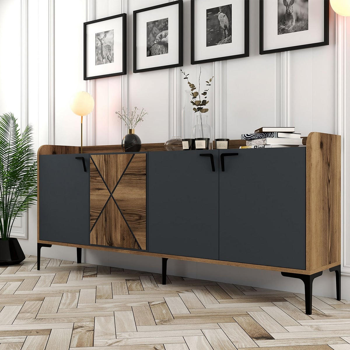 SIDEBOARD 4 Türen L180 cm - Venedik - Anthrazit, Holzwerkstoff (35/78/180cm) - Calicosy