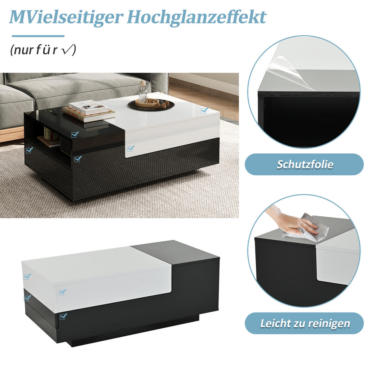 COUCHTISCH aus Spanplatte 100x50x38 cm Schwarz/Weiß mit 2 Schubladen und verstellbarer Tischplatte - Weiß, Holzwerkstoff (100/50/38cm) - IVMEU