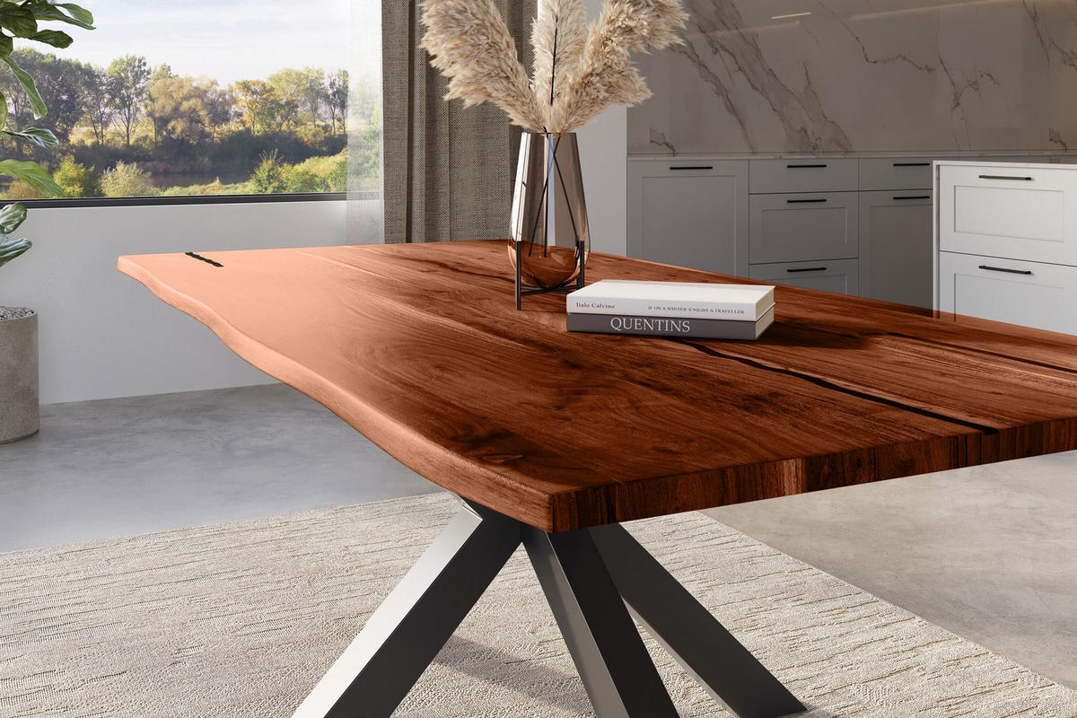 ESSTISCH BAUMKANTE AKAZIE POLLY - Silberfarben/Schwarz, Holz/Metall (100/240/77cm) - SAM