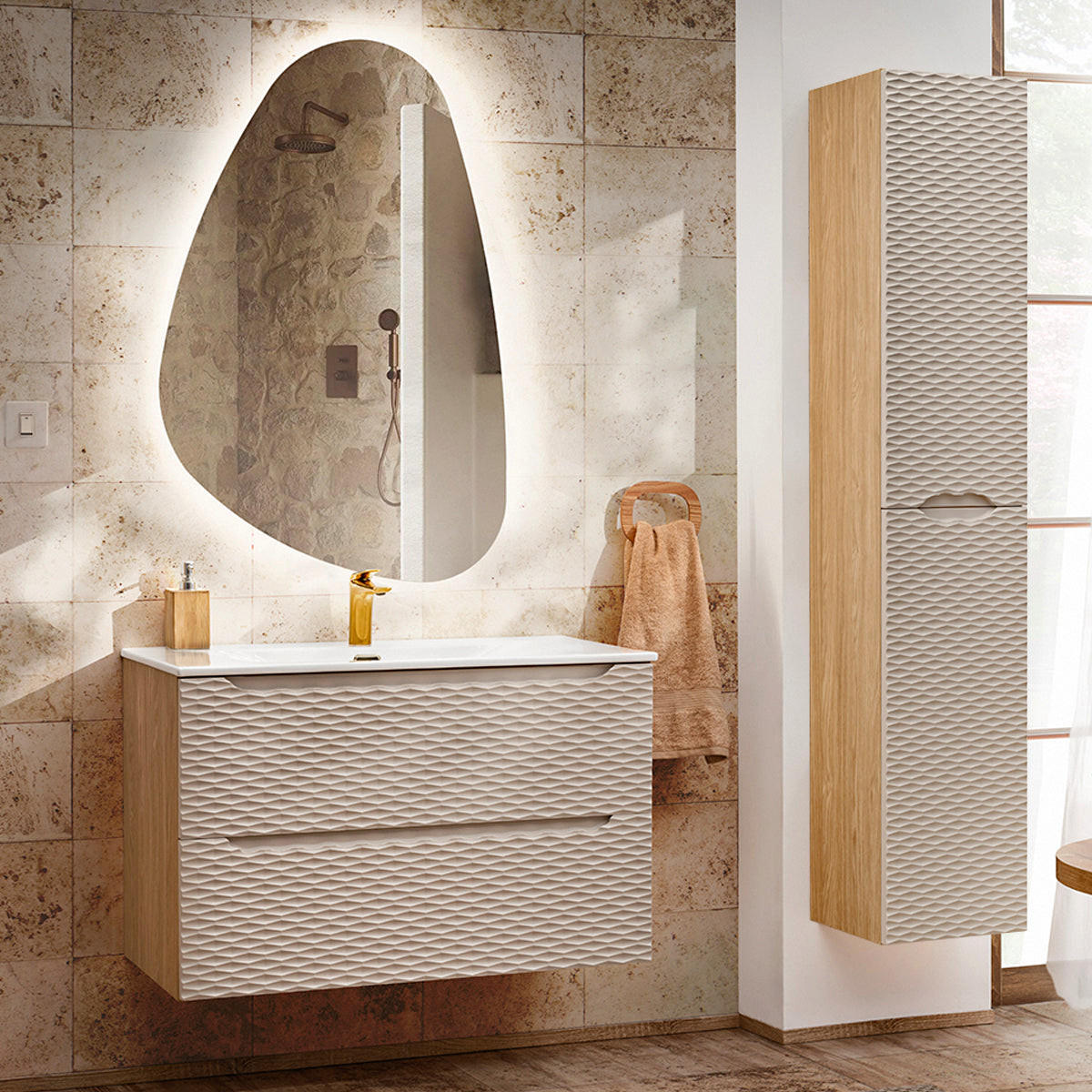 WASCHTISCH 90cm Elora Beige und Holz - Braun, Holzwerkstoff (90/57/46cm) - Petits-meubles