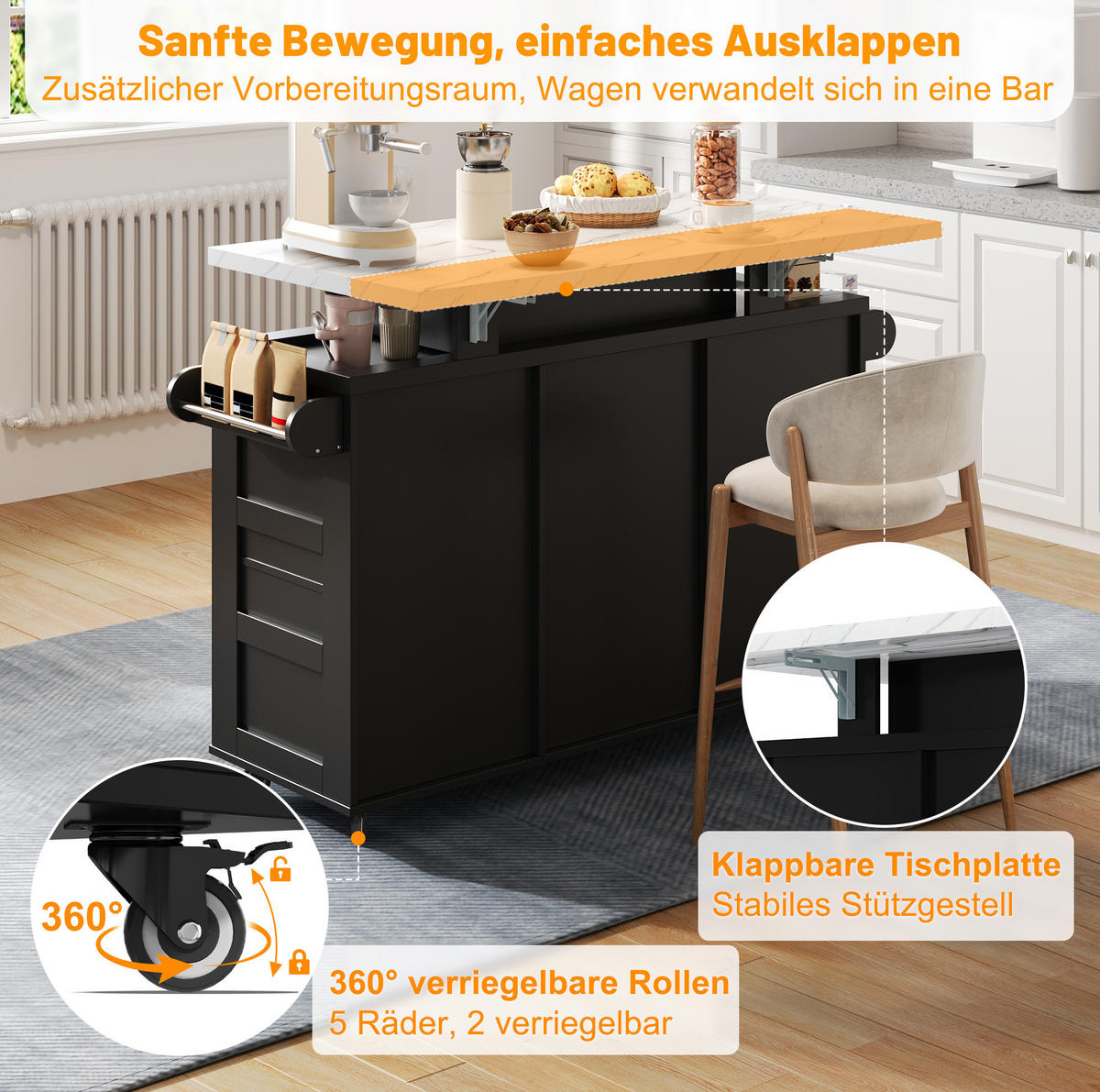 KÜCHENINSEL 138/60/93 cm schwarz aus MDF mit klappbarer Platte - Schwarz, Holzwerkstoff (138/93/60cm) - OKWISH