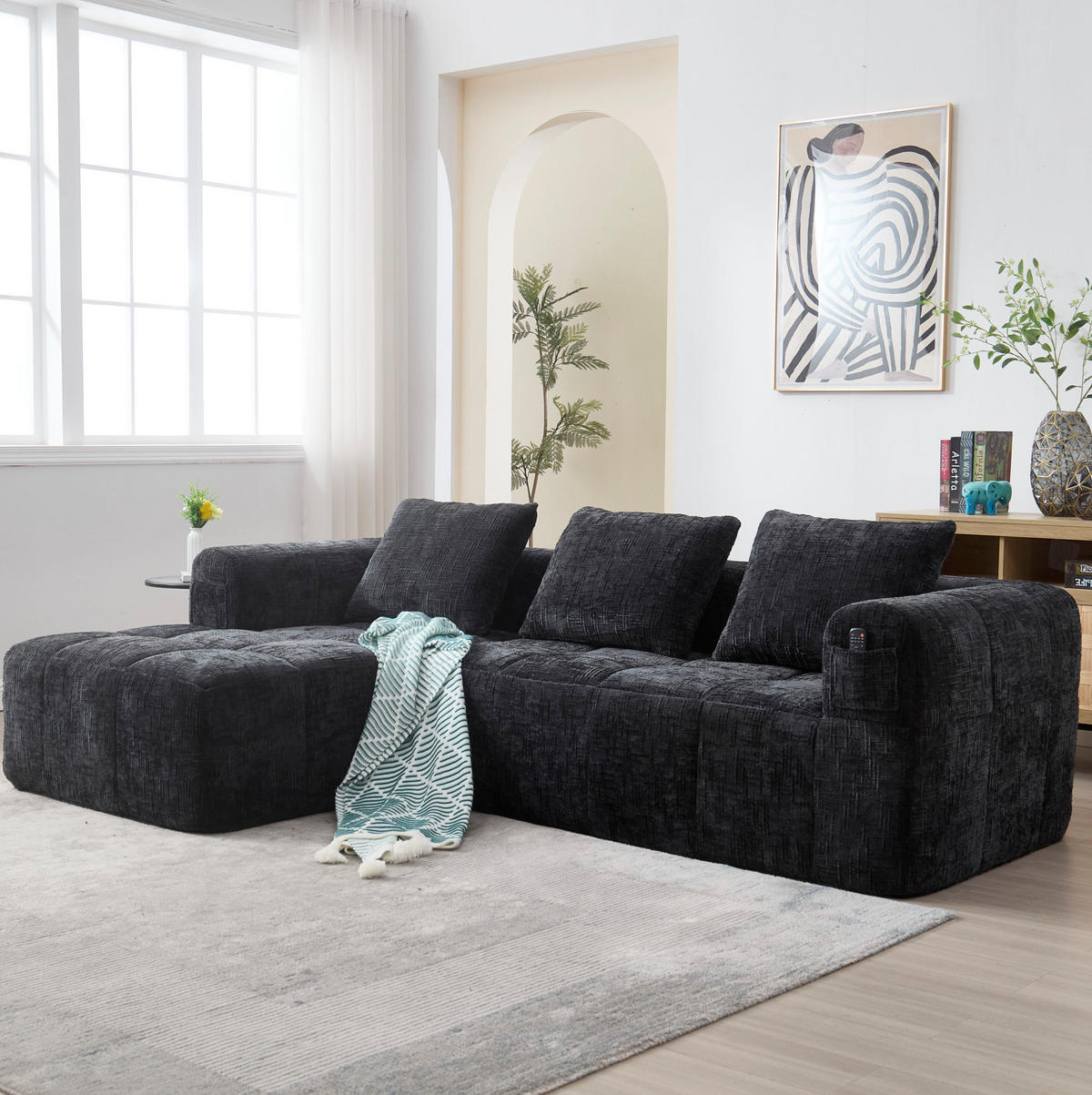 ECKSOFA 250/158/60 cm schwarz aus Chenille mit Chaiselongue - Schwarz, Textil (250/158cm) - OKWISH