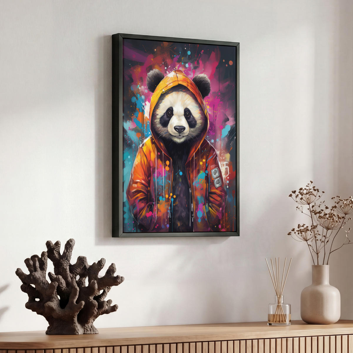 LEINWAND Bilder mit Rahmen - Panda - Jacke - Graffiti - Orange - 30x40 - Orange, Textil (30/40cm) - MuchoWow