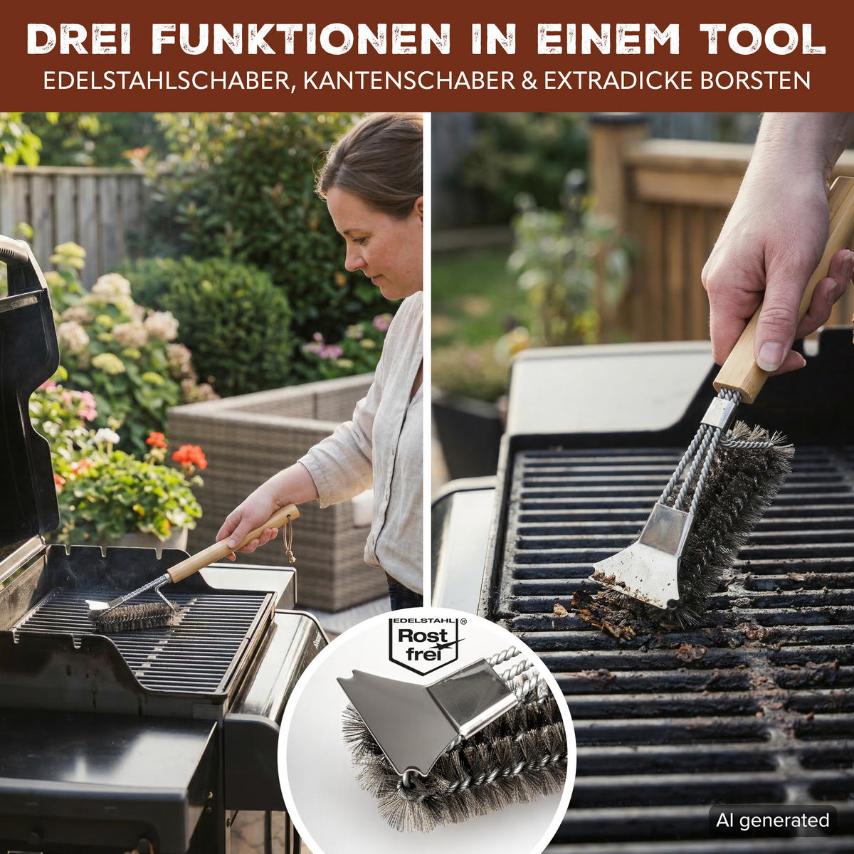 GRILLBÜRSTE, Edelstahl, Bambus - Edelstahlfarben, Metall (40cm) - eluno