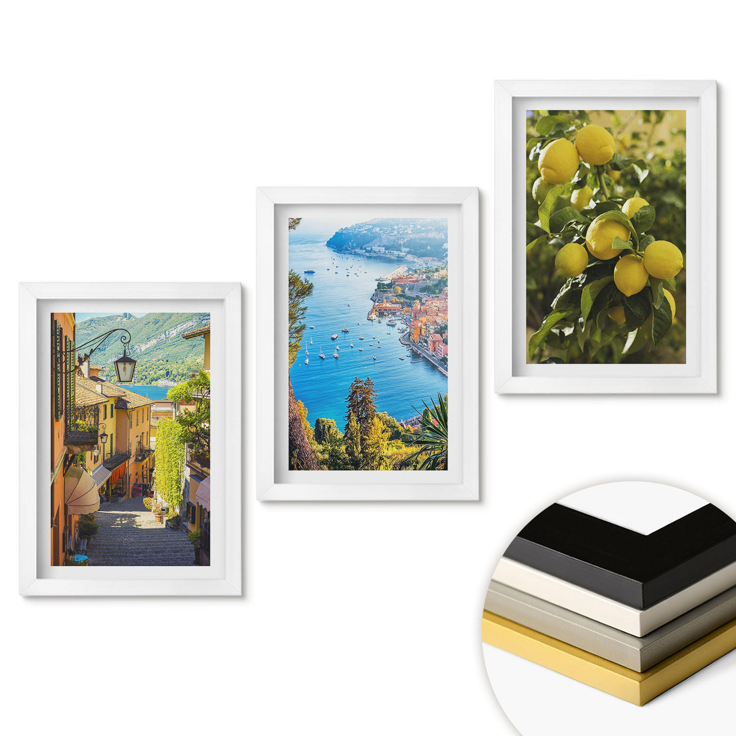 WANDBILDER 3er-Set - 20x30 cm Weißer Rahmen - Straßen am Meer, ein Meer aus Zitronen - Weiß, Kunststoff (20/30cm) - ArtPrintCave