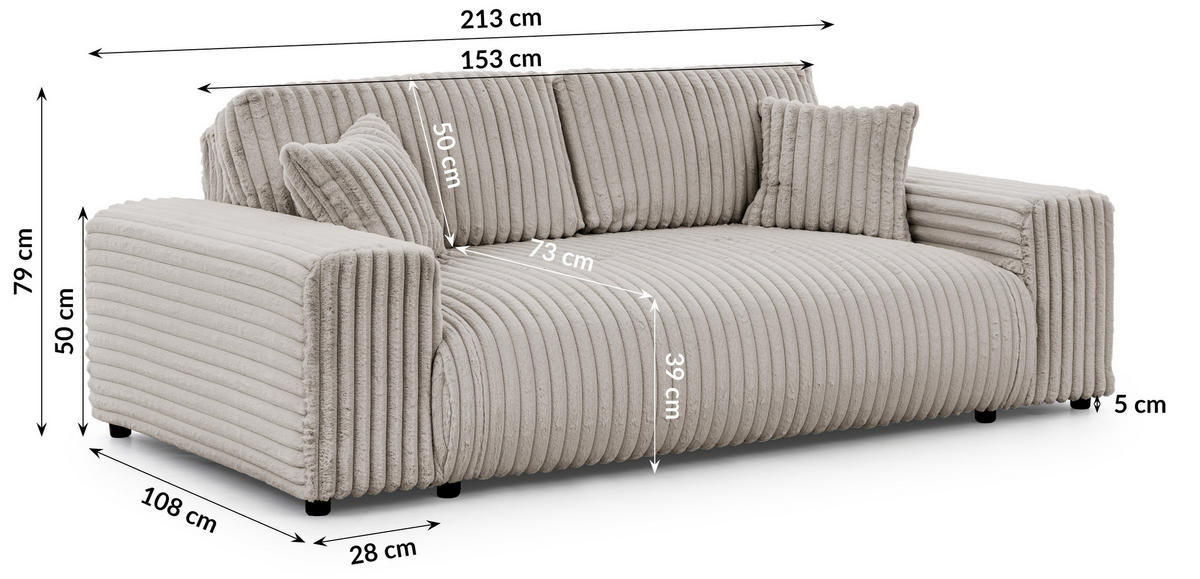 3-SITZER-SOFA Mollis Hellgrau Plüschcord - Hellgrau/Schwarz, Holz/Kunststoff (213/79/108cm) - S-Style Möbel