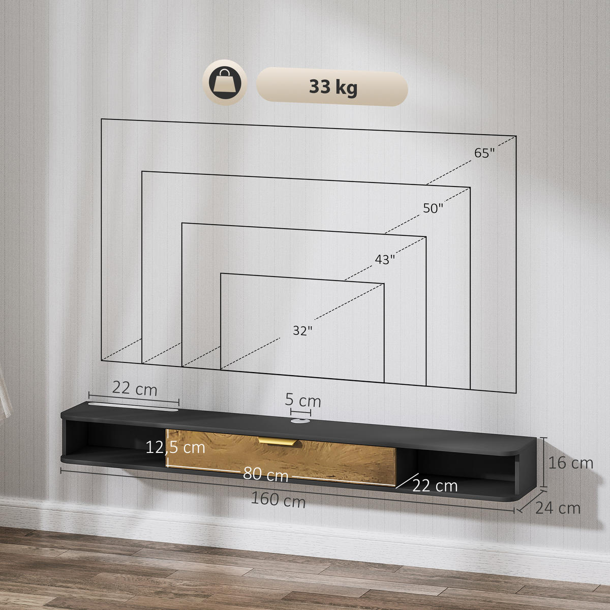 TV-LOWBOARD Grau 160/24/16 cm, Hängend, Klapptür, Offene Fächer - Grau, Holzwerkstoff (160/16/24cm) - PANGIVO