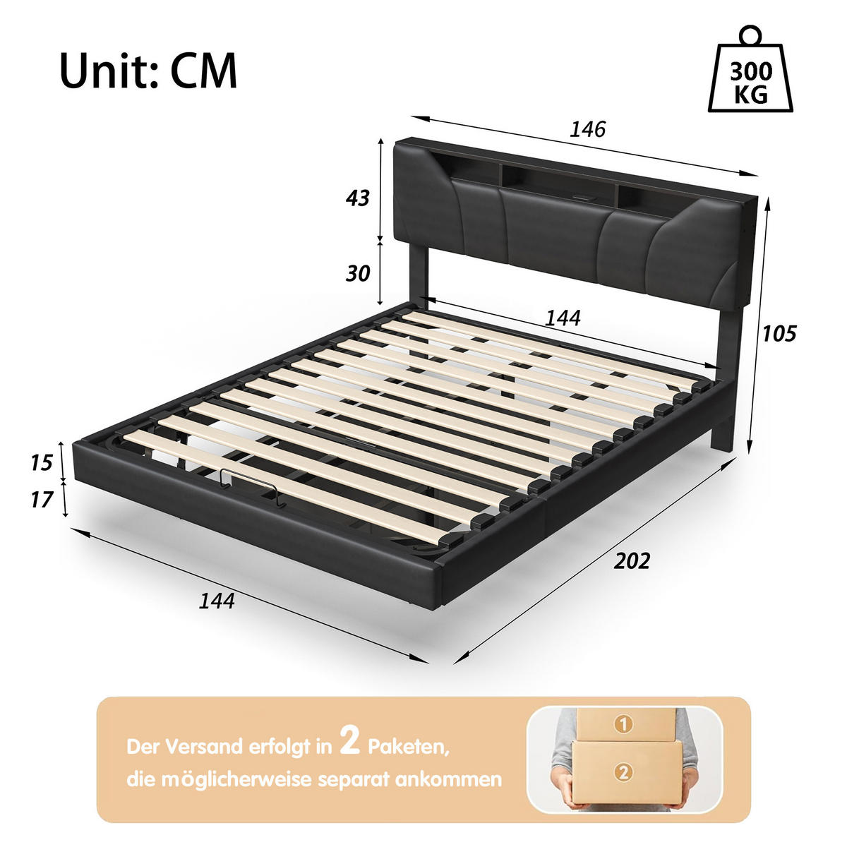 POLSTERBETT 140x200 cm in Schwarz,Bett mit höhenverstellbarem Kopfteil und LED - Schwarz, Holz/Metall (140/200cm) - PARAFTA HOME