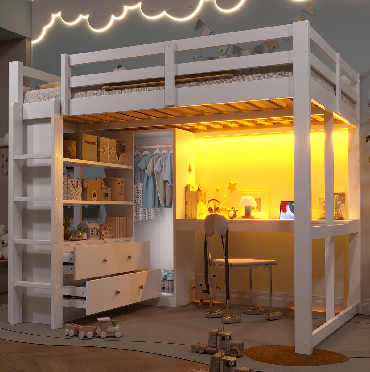 HOCHBETT 140/200 cm, weiß, mit Schreibtisch, 2 Schubladen, Regalen, LED und USB - Weiß, Holz (140/200cm) - MIVRAY