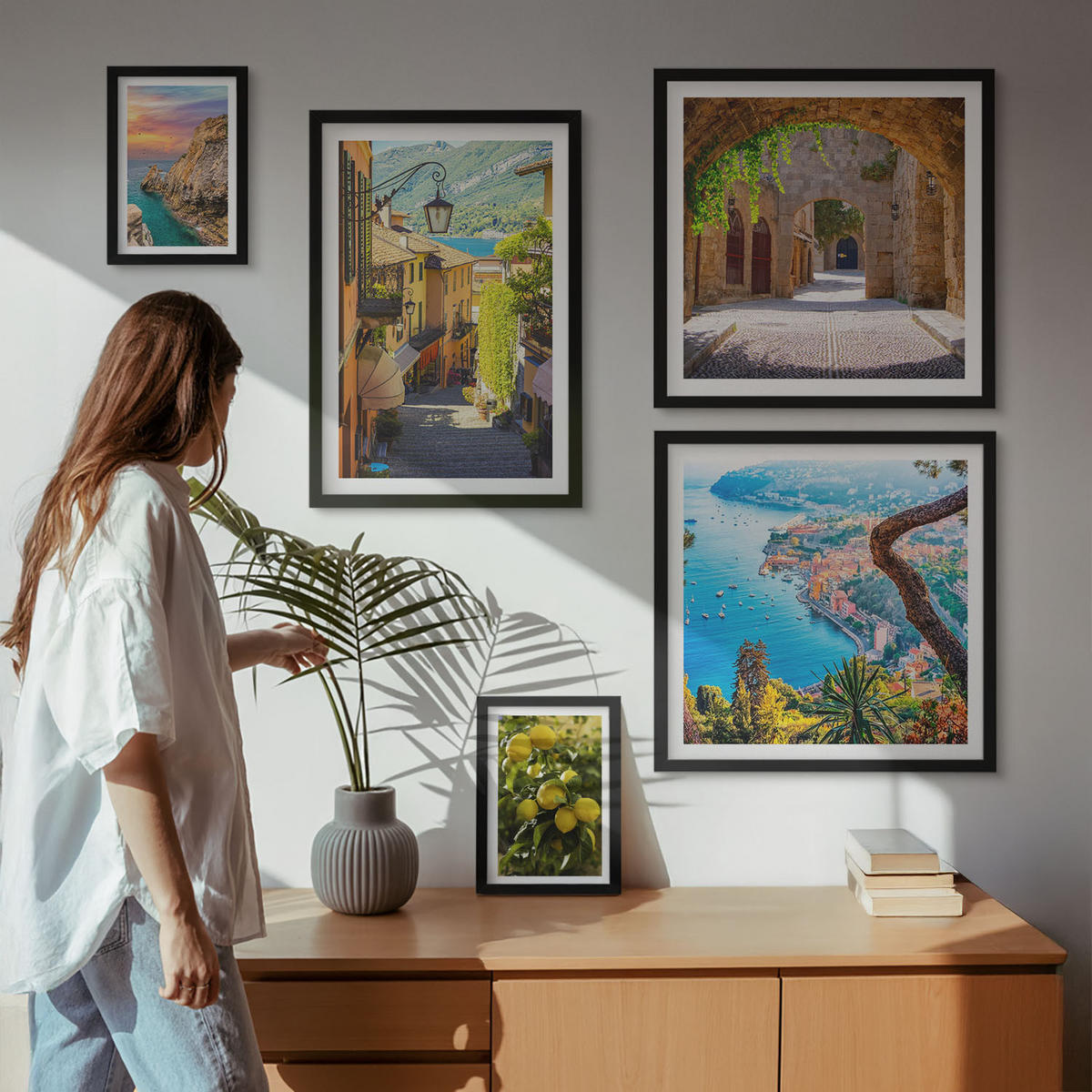 WANDBILDER 5er-Set - 50x50 cm & 20x30 cm & 40x60 cm Schwarzer Rahmen - Bezaubernde Straßen voller Zitronenblüten - Schwarz, Kunststoff (40/60cm) - ArtPrintCave
