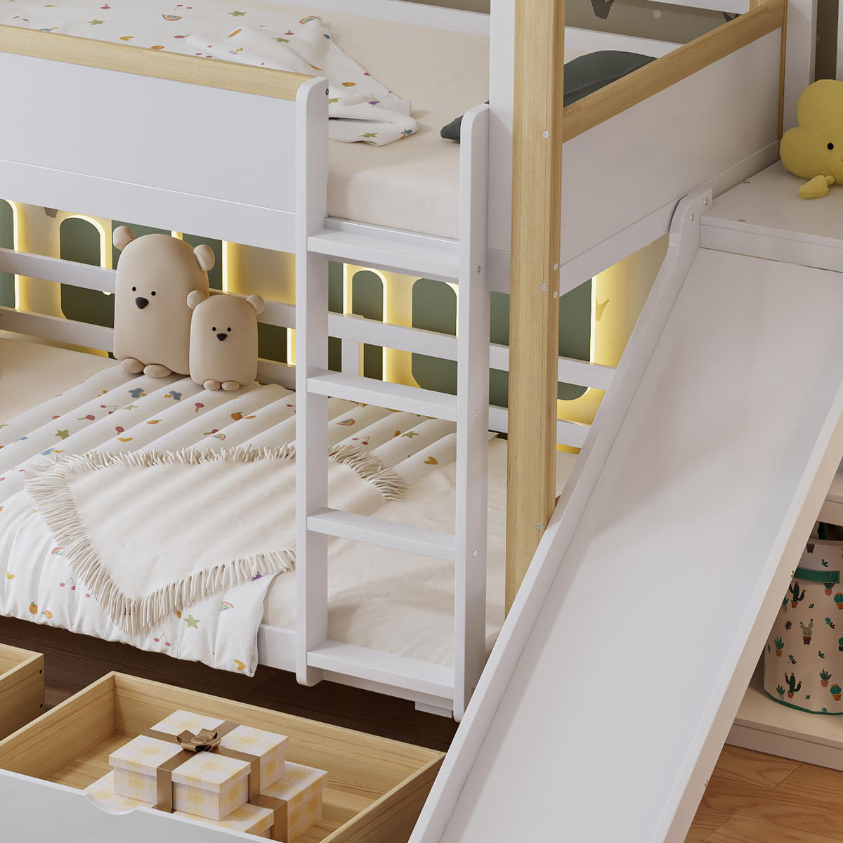 ETAGENBETT 90/200 cm Weiß+Natur mit Kinderrutsche und Stauraum - Weiß, Holzwerkstoff (90/200cm) - OKWISH