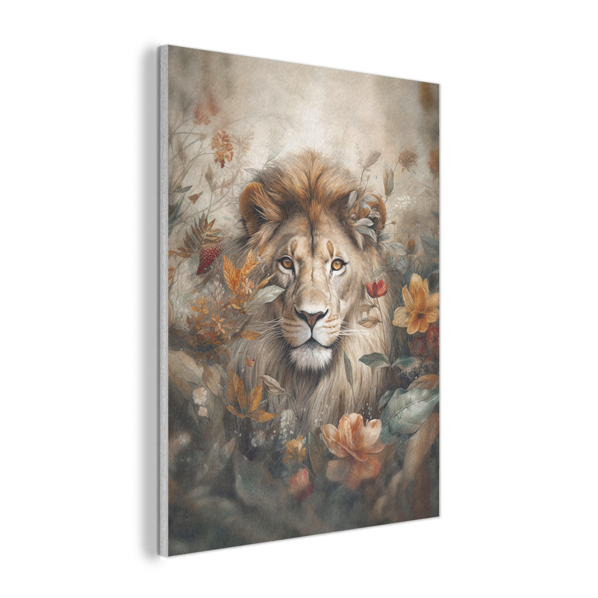 AKUSTIKPANEEL Löwe - Wildtiere - Pflanzen - Natur - Blumen 60x80 cm - Beige, Textil (60/0.9/80cm) - MuchoWow