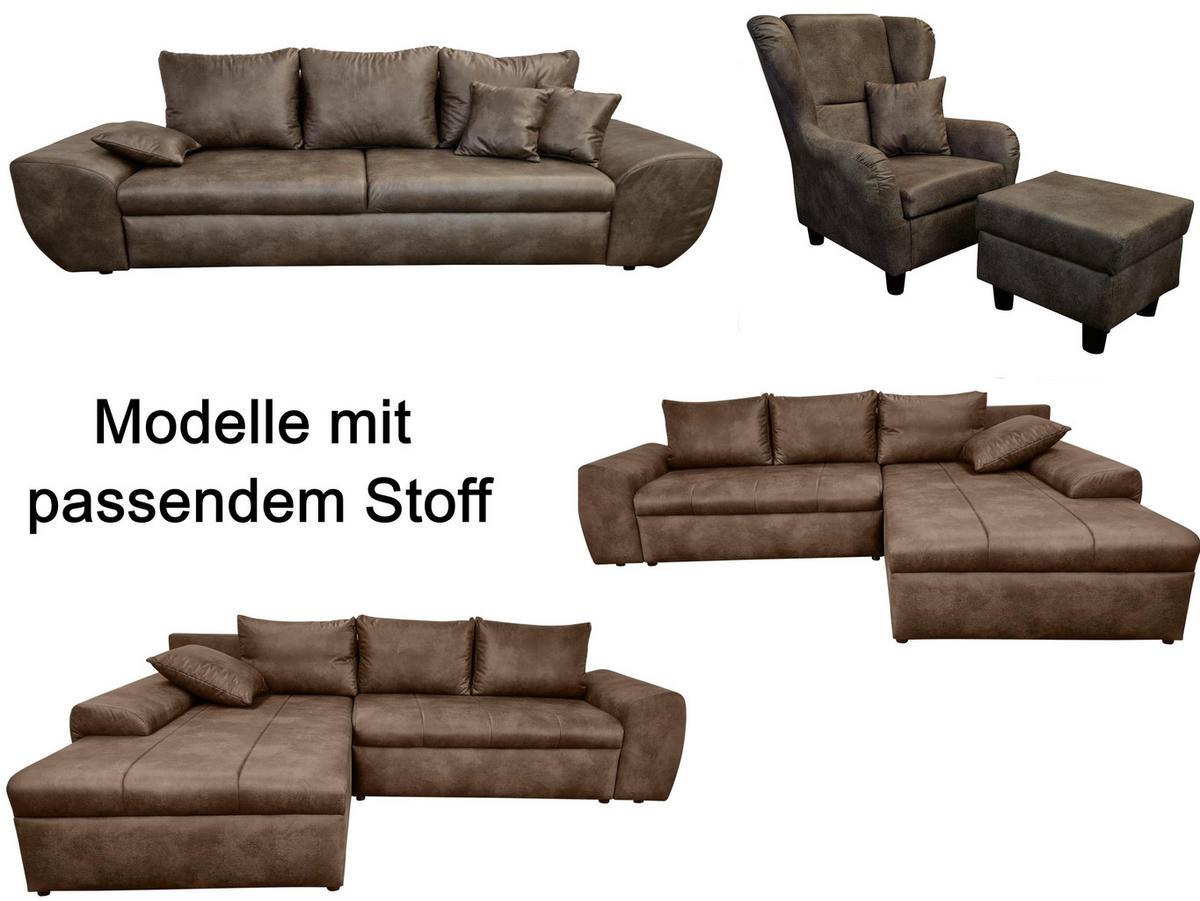 BIG-SOFA mit Schlaffunktion, Bettkasten, Wellenunterfederung B275/T98/H90 cm, Liegefläche 148x194 cm, Mikrofaser Leder-Optik Vintage Braun / 18008 - Dunkelbraun/Schwarz, Kunststoff/Textil (275/90/98cm) - luma-home