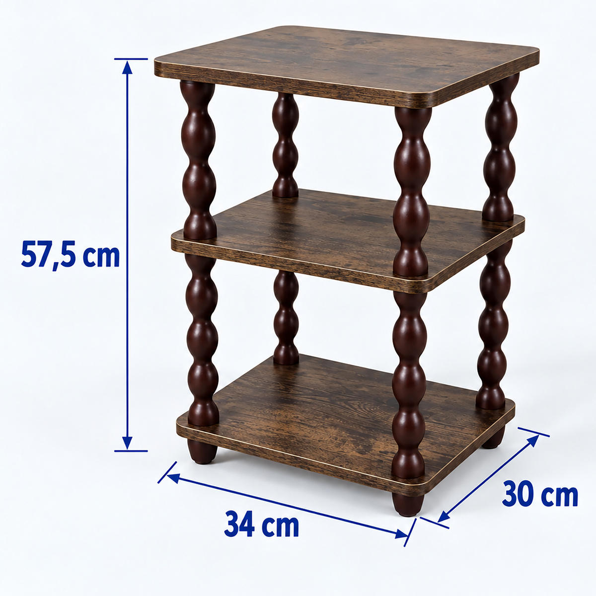 MĂSUȚĂ LATERALĂ Maro vintage 3 rafturi - maro închis, compozit lemnos/lemn (30/34/57.5cm) - Relaxdays