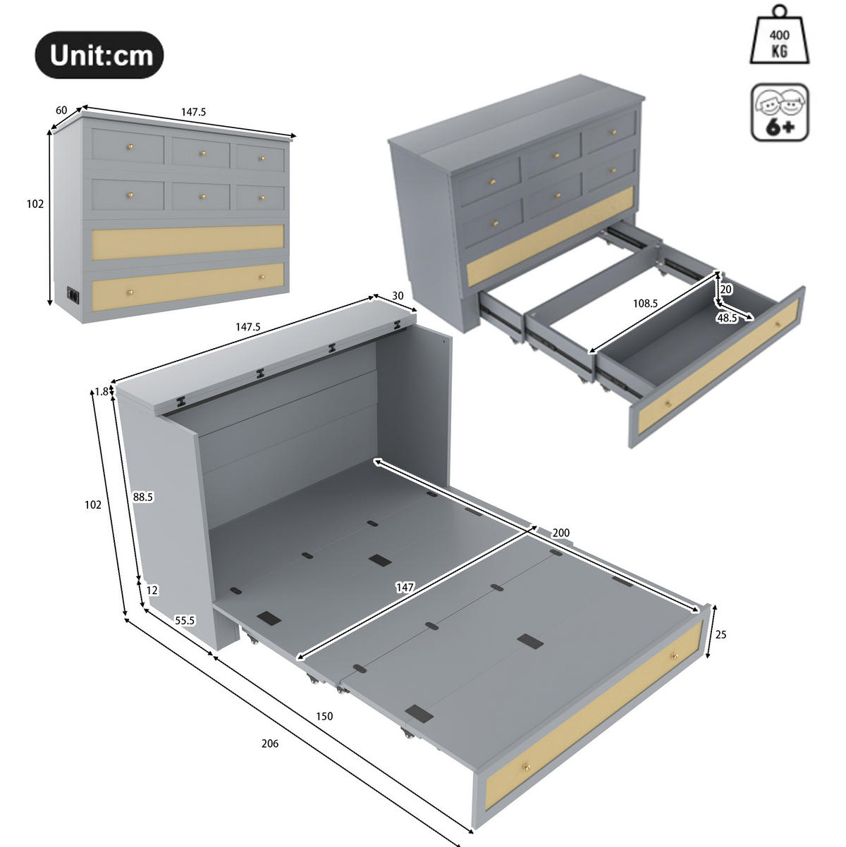 POSTELJNA omara iz MDF 140x200 cm siva z USB priključkom, vtičnico, predalom in preobrazbo v omaro - siva, leseni material (140/200cm) - Modfu
