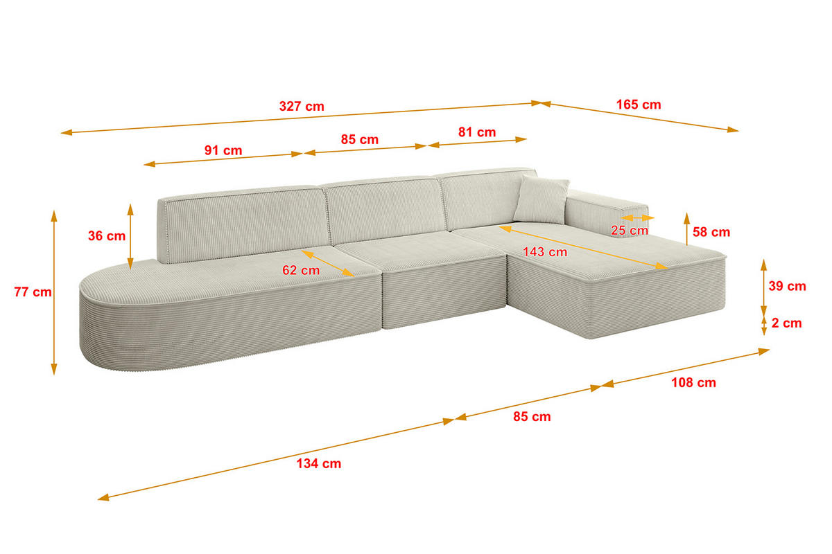 ECKSOFA Ottomane Rechts IREA-L2-v4 - 327x165x77 cm Hellgrau - Ecru, Holzwerkstoff/Textil (327/165cm) - ALTDECOR