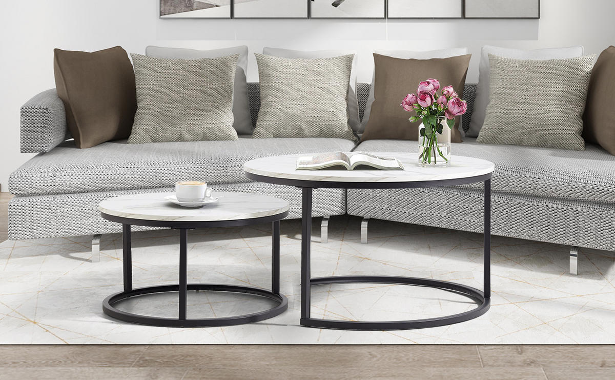 COUCHTISCH 2er Set 80/80/45 cm in Weiß und Schwarz aus MDF mit Metallgestell - Schwarz/Weiß, Holzwerkstoff/Metall (80/80/45cm) - CHICFURN
