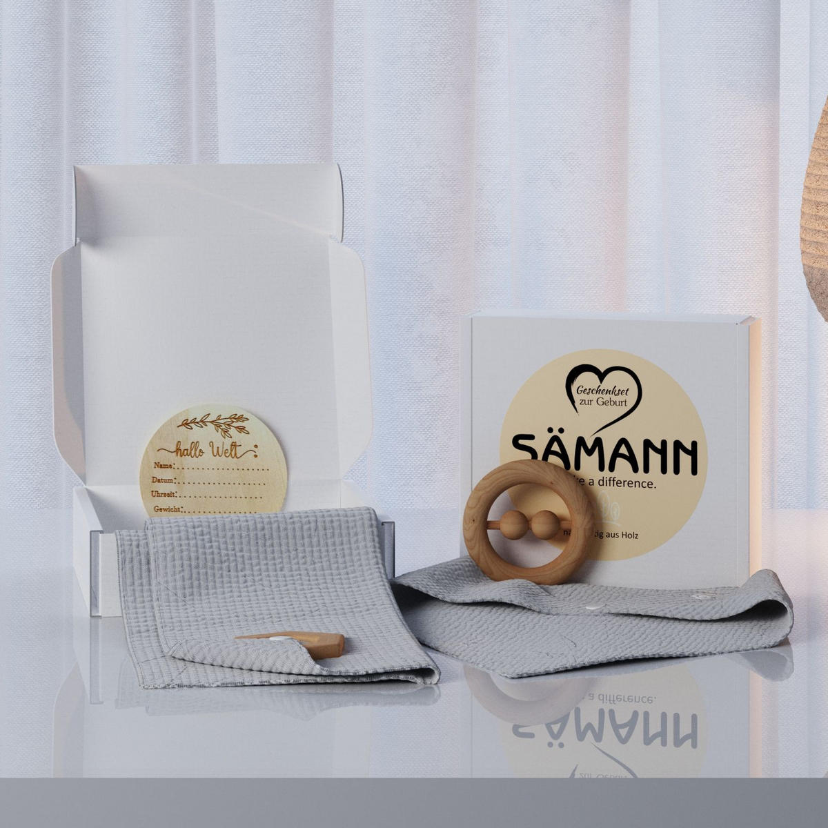 BABY Geschenkset 4-tlg. zur Geburt mit Halstuch, Rassel, Karte, Schmusetuch grau - Grau, Textil (10/10cm) - Sämann – make a difference.