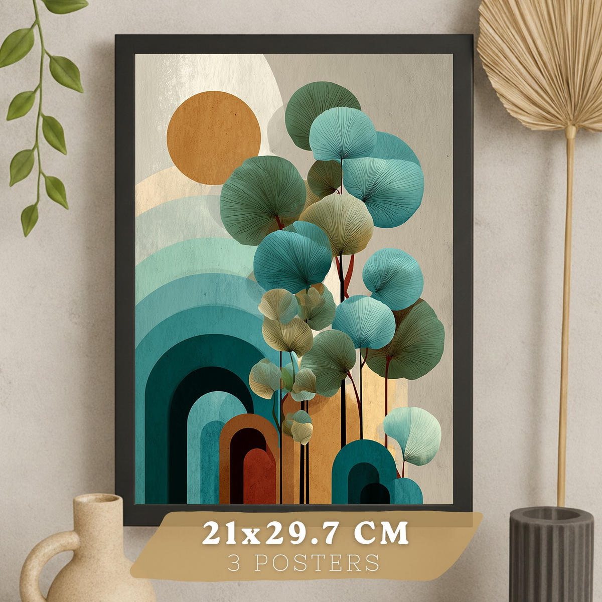 PLAKAT Sada 3 Abstrakt Tyrkys A3 Černý rám - černá, papír (29.7/1/42cm) - Nacnic