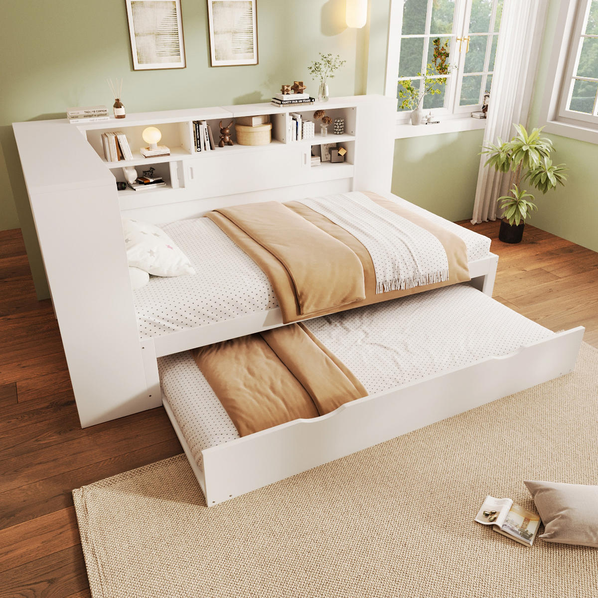 KINDERBETT mit Ausziehbett und Stauraum 90x200 cm Weiß - Weiß, Holz (90/200cm) - Meubliv