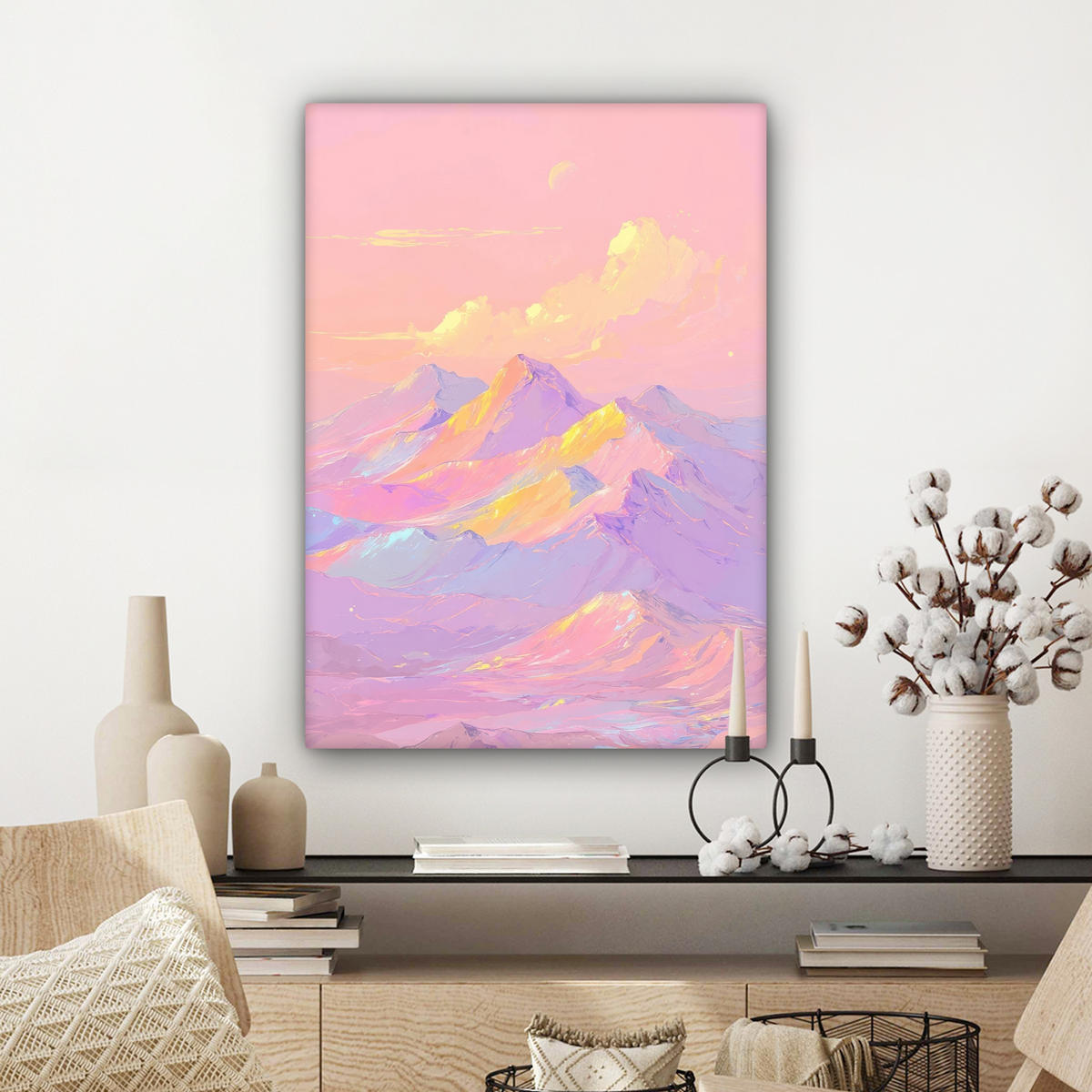 LEINWANDBILD Berggipfel - Wolken - Verträumt Wandbild Wohnzimmer 60x80 cm - Hellrosa, Textil (60/80cm) - MuchoWow