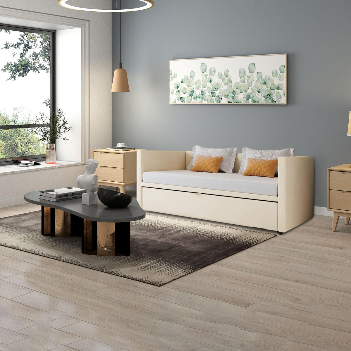 SCHLAFSOFA 90x200cm beige samt ausziehbar 180x200cm - Beige, Holzwerkstoff (180/200cm) - SHOPENTRA