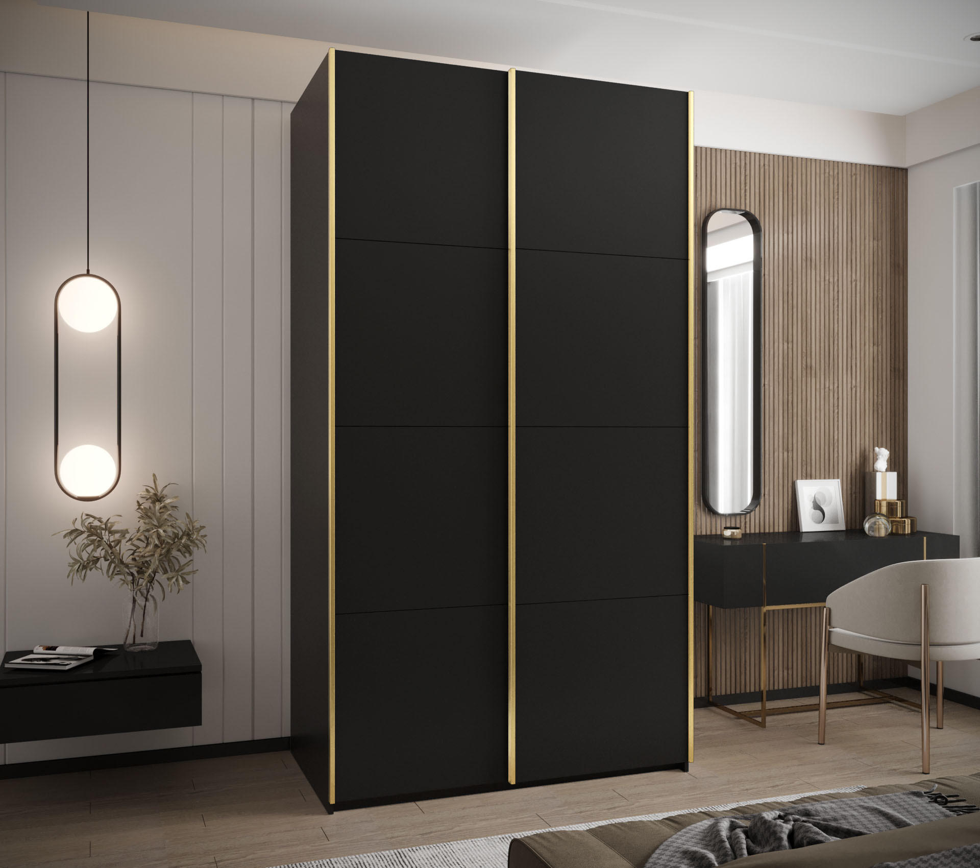 SCHWEBETÜRENSCHRANK 245,5/140/64 2-türig - Goldfarben/Schwarz, Holz/Metall (140/245/64cm) - Abiks Möbel