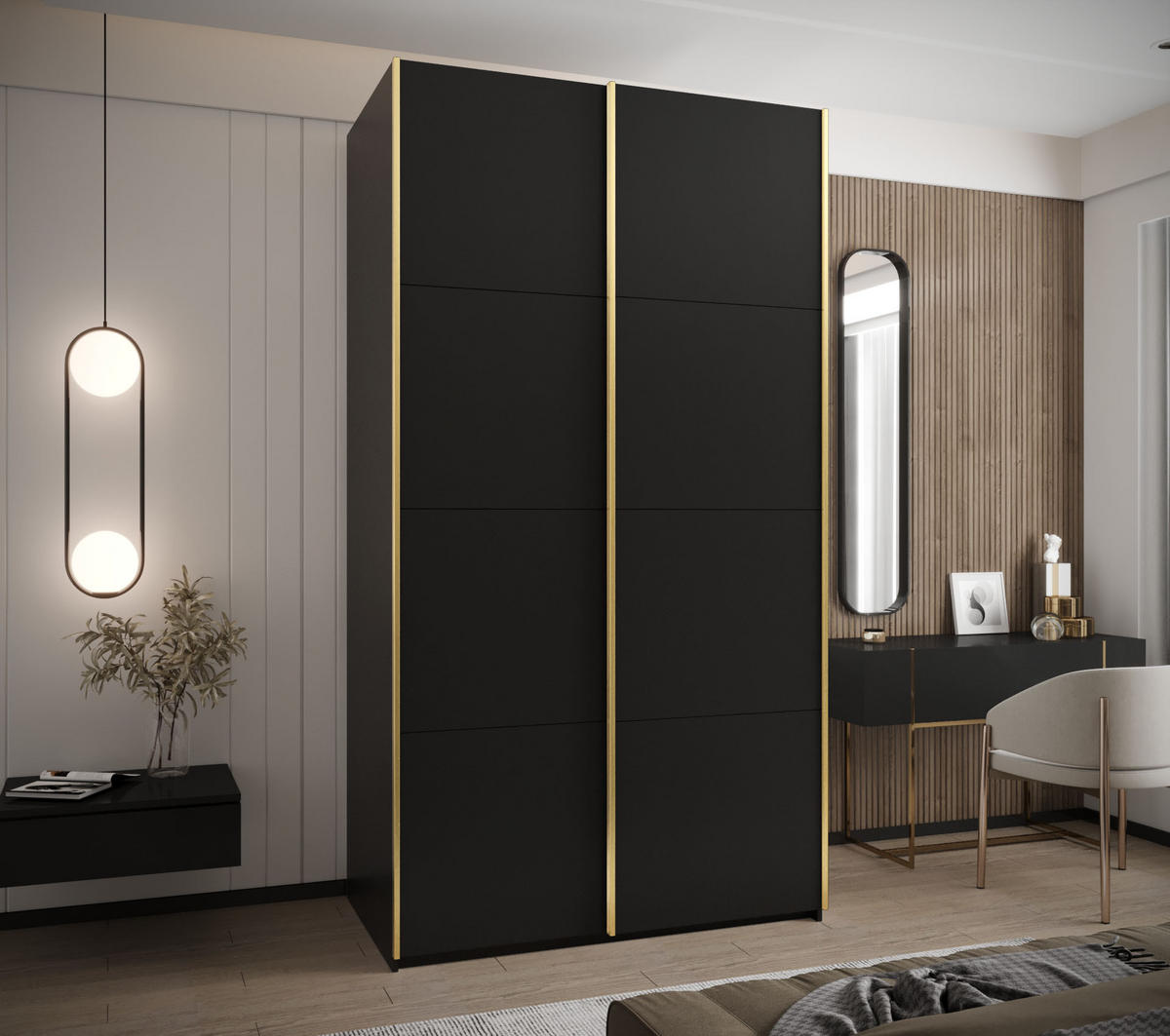 SCHWEBETÜRENSCHRANK 245,5/140/64 2-türig - Goldfarben/Schwarz, Holz/Metall (140/245/64cm) - Abiks Möbel