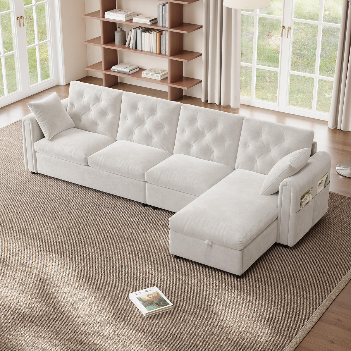 ECKSOFA 281/132/86 cm Beige mit 2 Stauraum und Magazintaschen - Beige, Textil (281/132cm) - Oxeza