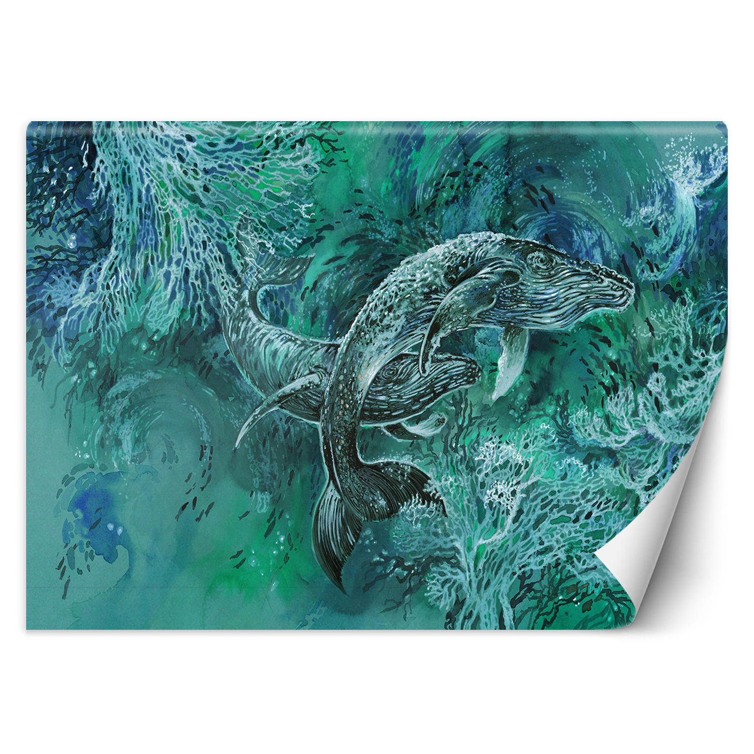 FOTOTAPETE, Ein Paar Wale im Meer Türkis - Türkis, Papier (200/140cm) - Feeby