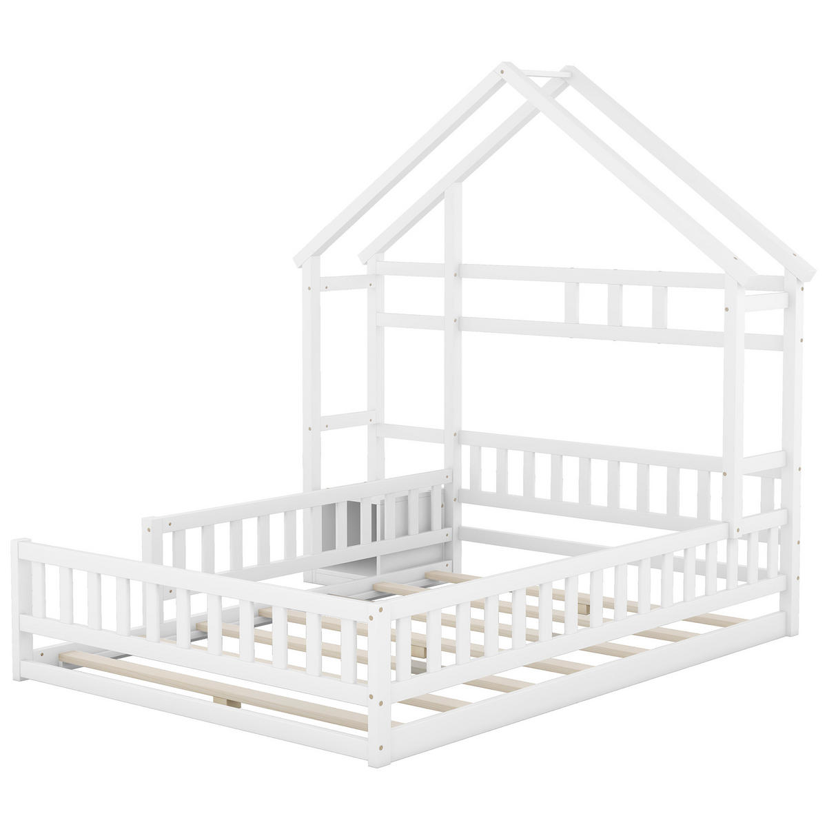 HAUSBETT 140/200 cm Weiß mit Nachttisch und Geländer - Weiß, Holz (140/200cm) - OKWISH