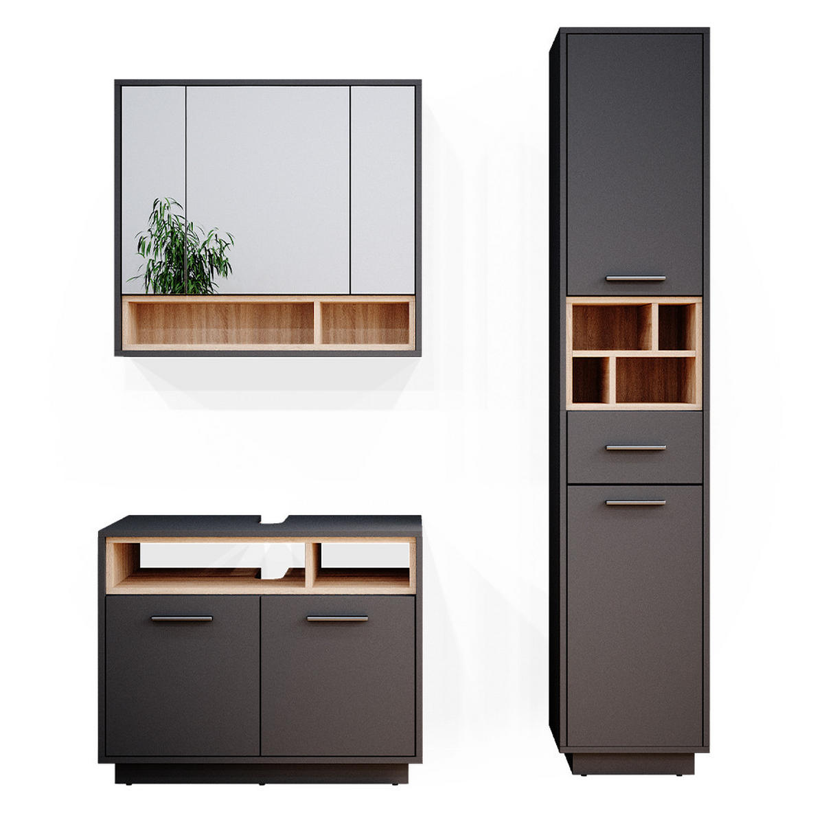 BADMÖBEL-SET Beatrice Anthrazit 3 Teile, mit Hochschrank - Anthrazit/Sonoma Eiche, Holzwerkstoff (80/64/40cm) - Vicco