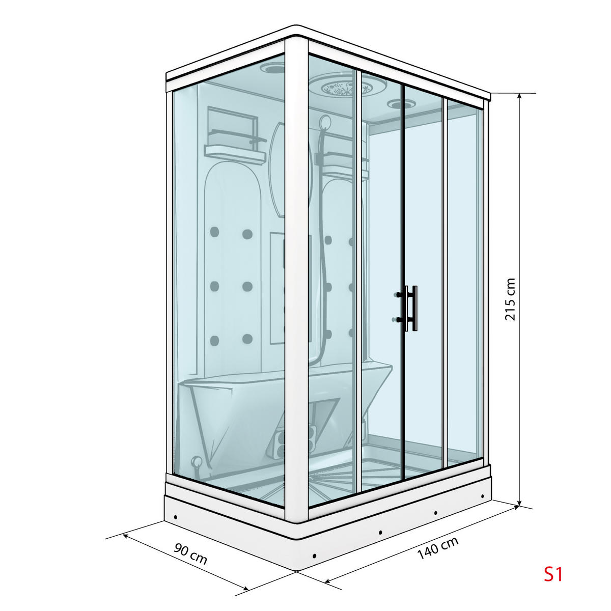 DAMPFDUSCHE Duschkabine D27-EH-EC-EA-ALL 140x90 cm - Weiß, Glas/Kunststoff (90/215cm) - AcquaVapore by Sandra Jentho