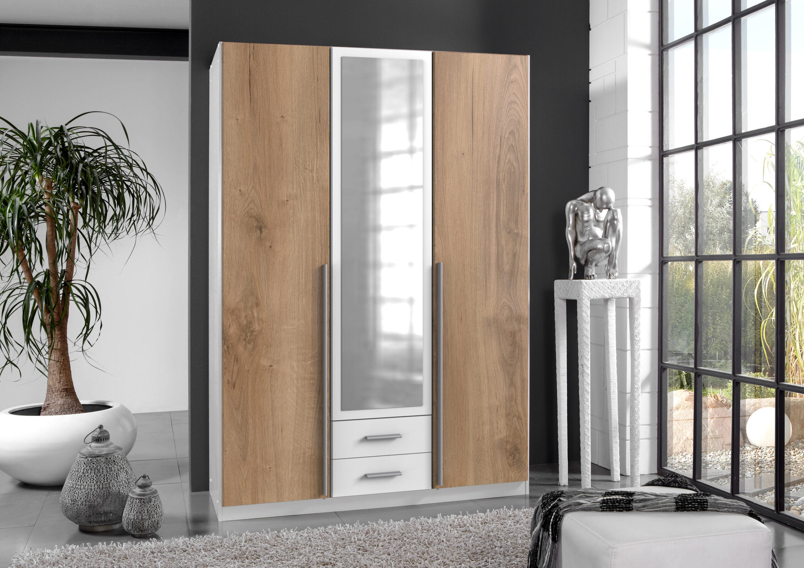 DREHTÜRENSCHRANK Skate Weiß mit Plankeneiche 135x197x58 cm BxHxT Kleiderschrank - Weiß, Holzwerkstoff (80/200/120cm)