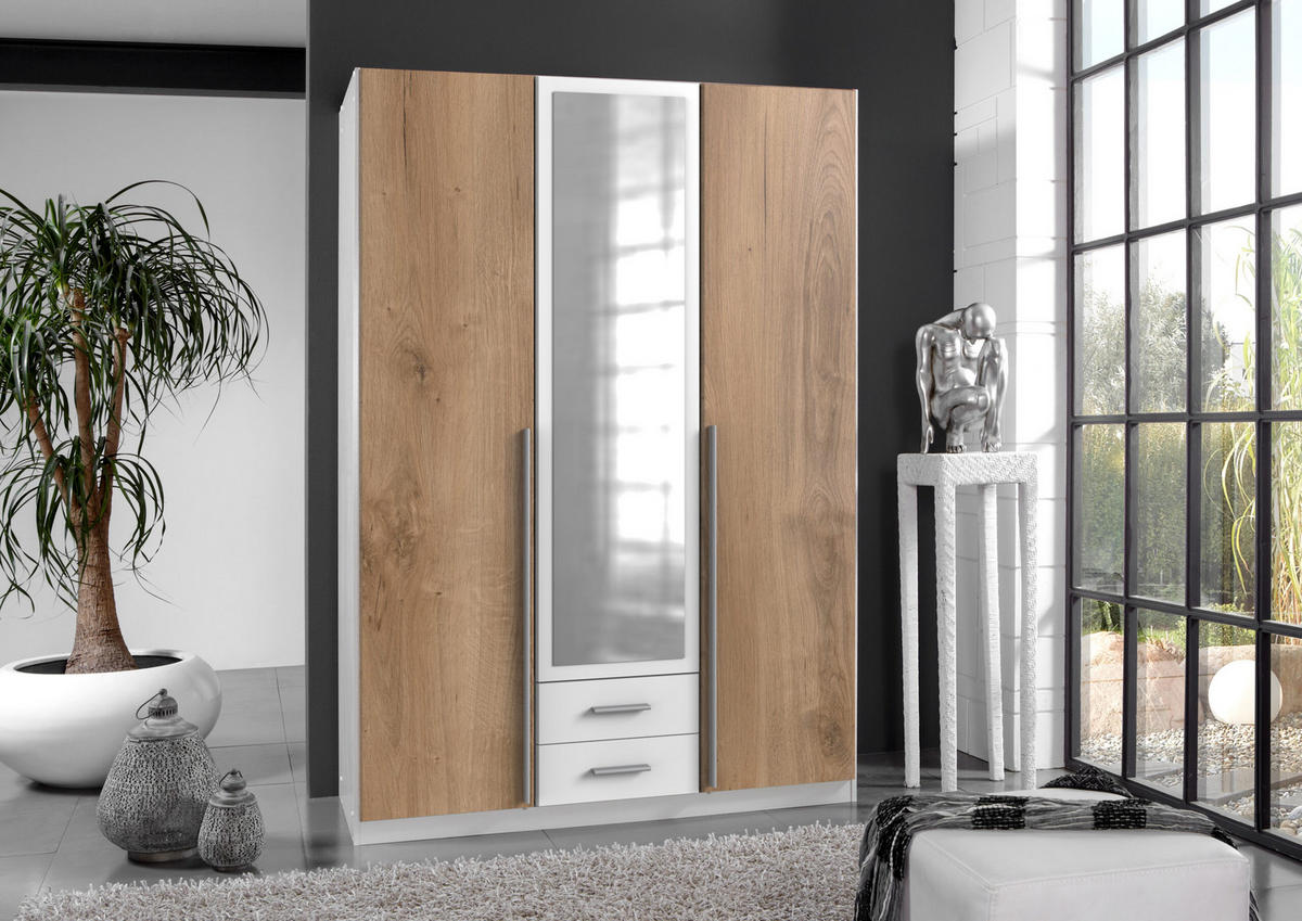 DREHTÜRENSCHRANK Skate Weiß mit Plankeneiche 135x197x58 cm BxHxT Kleiderschrank - Weiß, Holzwerkstoff (80/200/120cm)