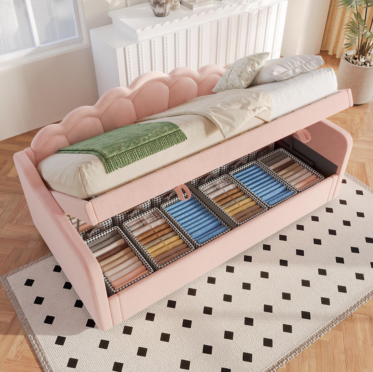 BETT 90/200 cm aus Samt mit Stauraum und LED-Beleuchtung - Rosa, Textil (90/200cm) - Flora Grace