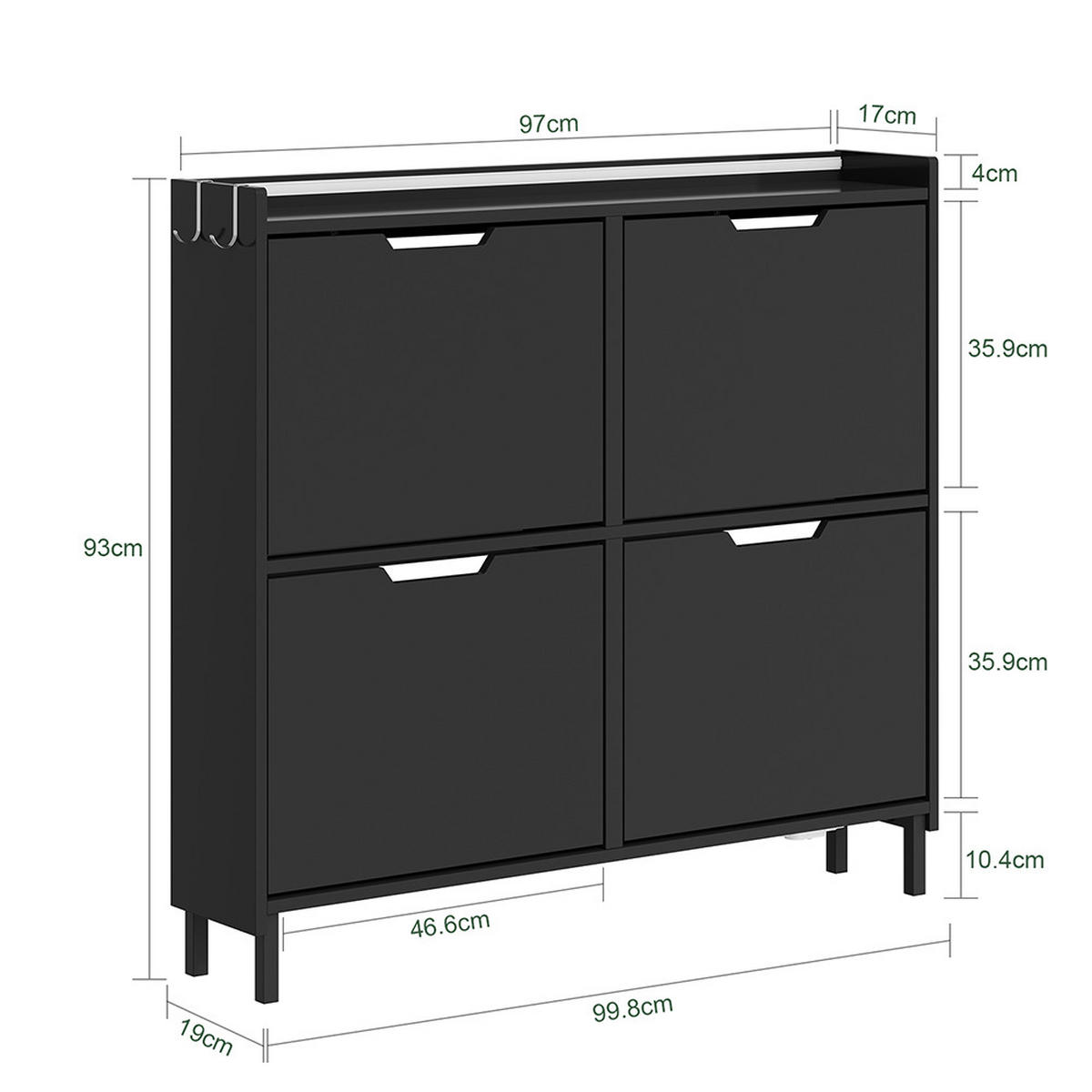 SCHUHSCHRANK 4 Türen Schwarz 100x19x93cm Modern - Schwarz, Holzwerkstoff (19/93/100cm) - SoBuy