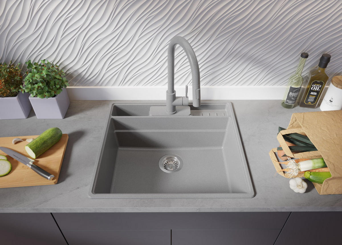 GRANITSPÜLE New York, 2-er set Grau 58/53 cm 1 Becken + Küchenarmatur 38/14 cm + Ablauf-Set + Küchenzubehörset ab 60er Unterschrank - Chromfarben/Beige, Kunststoff (58/20/53cm) - Primagran