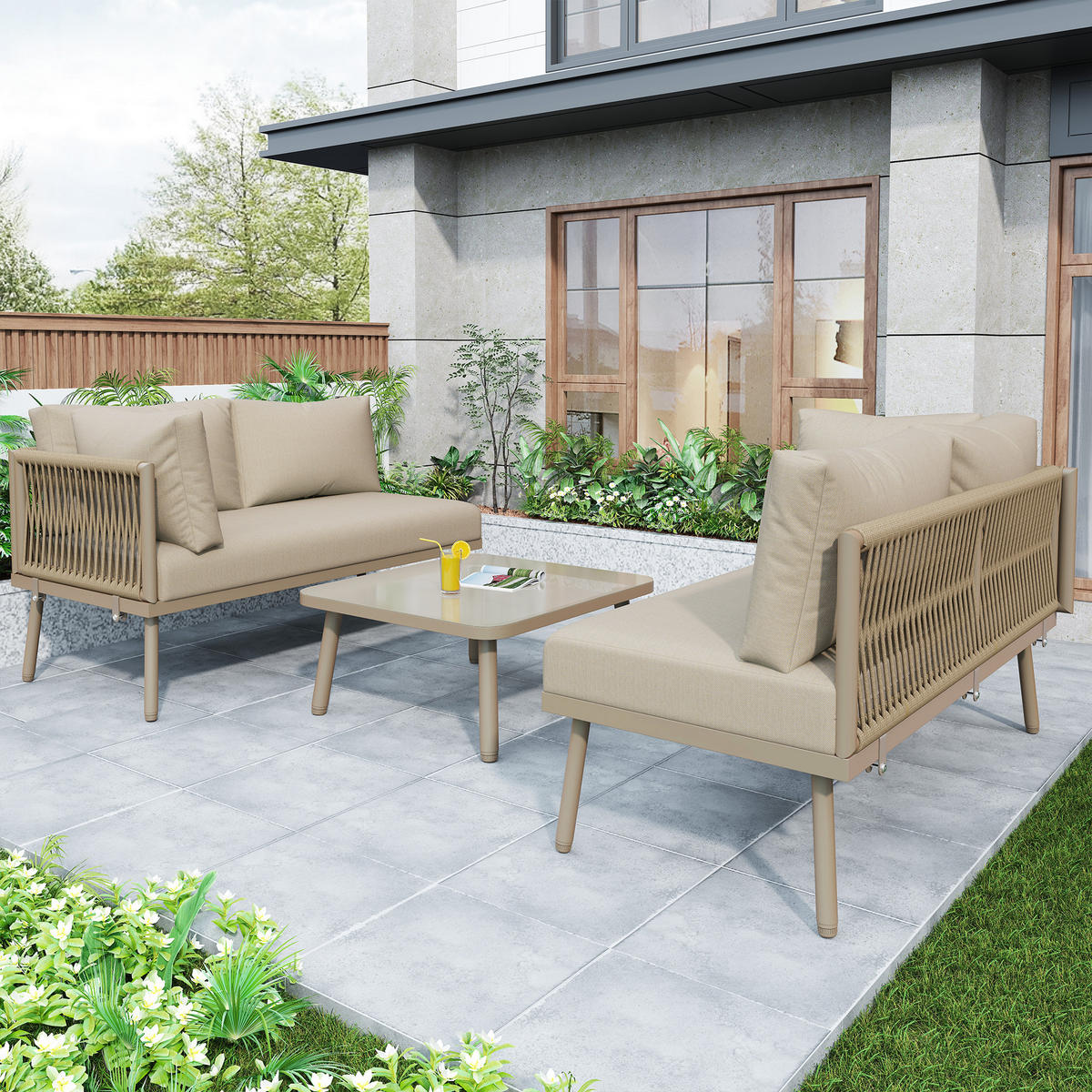 LOUNGESET L-Form Khaki 2 Sofas 1 Tisch Mit Verstellbaren Füßen - Hellbraun, Metall - FLIEKS