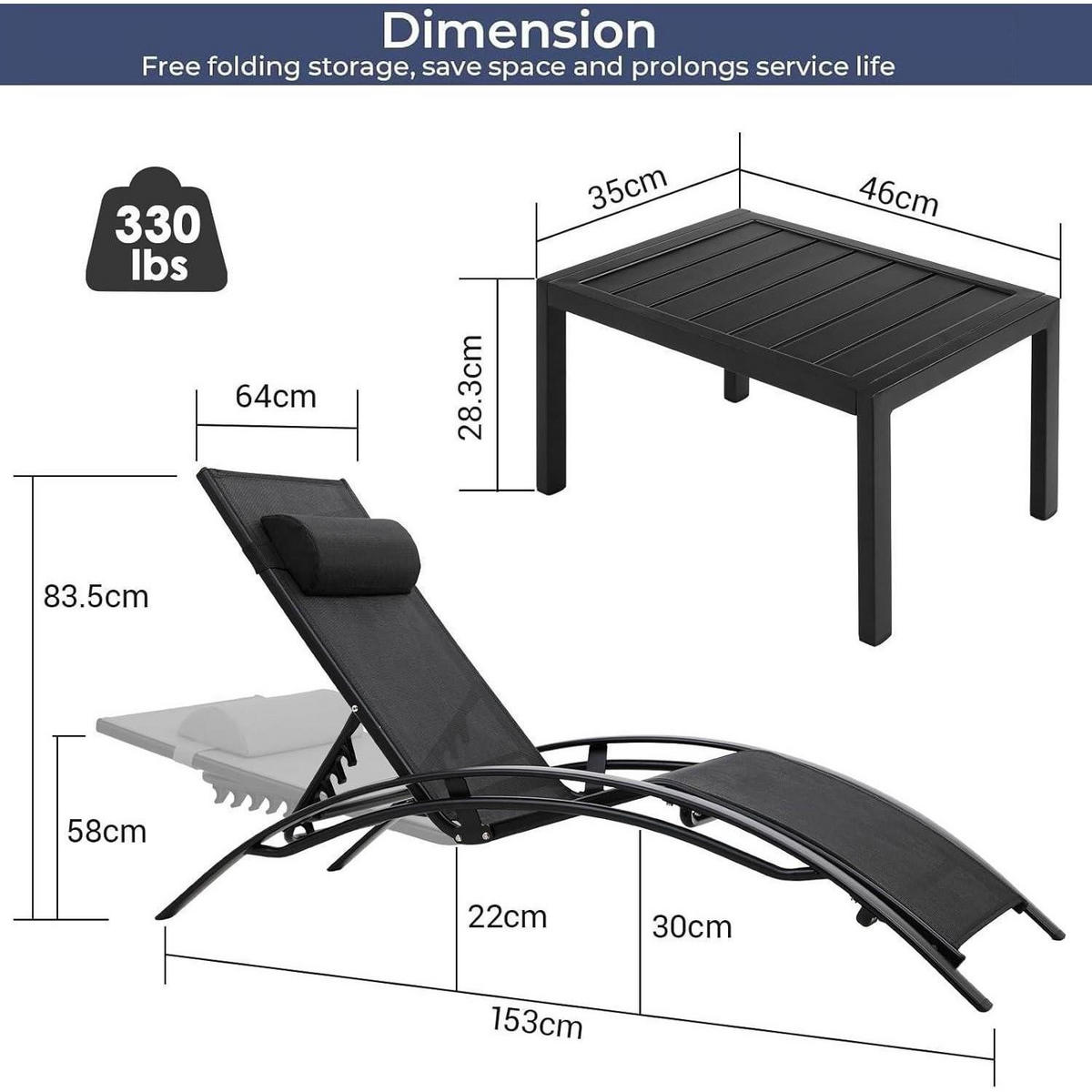 SONNENLIEGE 2er Set mit Beistelltisch Schwarz - Schwarz, Metall (64/83.5/153cm)