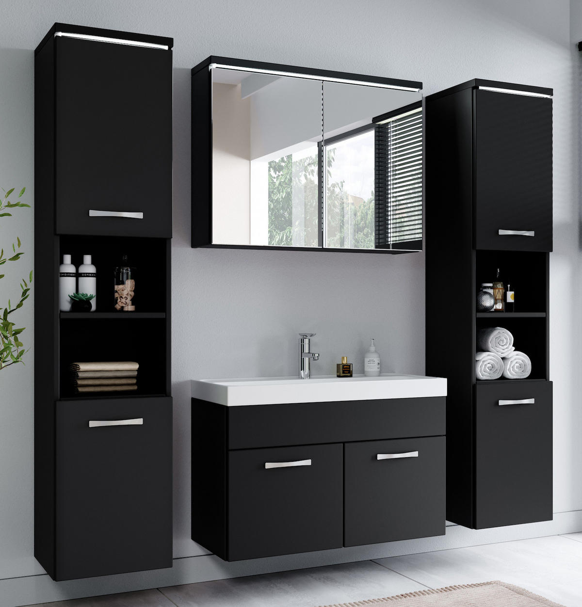 BADMÖBEL-SET Paso LED 5 Teile Schwarz Matt - 80 x 35 x 55 cm - Schwarz, Holz (80/55/40cm) - Badplaats