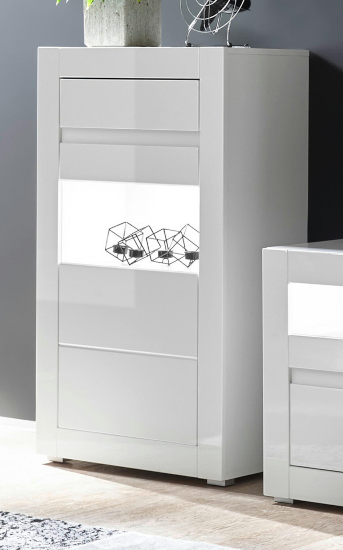 VITRINE Hochglanz weiß, mit weiß oder grau, Kommode 66 x 112 cm Soft-Close-Funktion - Weiß Hochglanz/Weiß, Glas/Holzwerkstoff (66/112/35cm) - Furn.Design