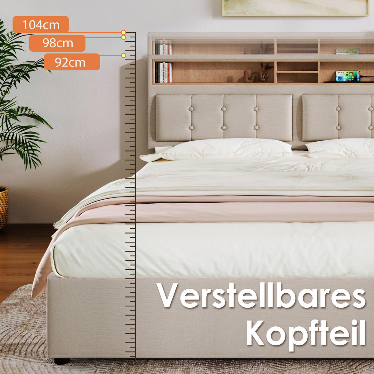 POLSTERBETT 140/200 cm Beige aus Leinen mit Stauraum und USB-C-Anschluss - Beige, Textil (140/200cm) - OKMYHOME