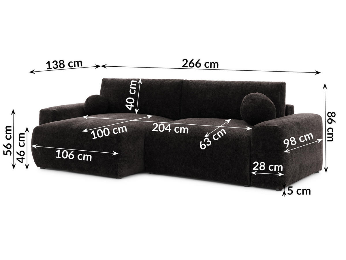 ECKSOFA Puffy mit Schlaffunktion und Bettkasten - besonders weich und puffig aus Braun Stoff mit Chenillestruktur - Ottomane links - Schwarz/Braun, Holz/Kunststoff (138/266cm) - S-Style Möbel