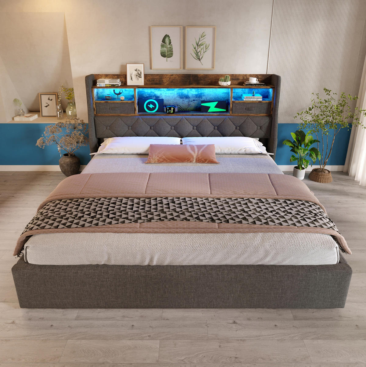ČALÚNENÁ posteľ 160/200 cm, sivá ľanová látka s LED, úložným priestorom, roštom a matracom - sivá, textil (160/200cm) - BEAOK