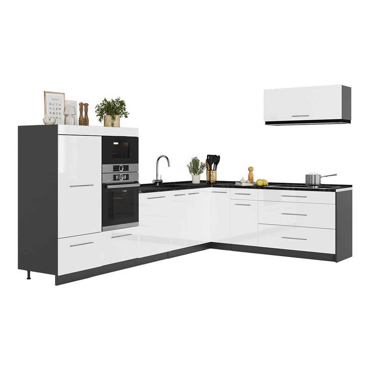 KUHINJA U OBLIKU SLOVA L Fame-Line, Sjajna Bijela /Antracit, 327 x 227 cm bez radne ploče - bijela visoki sjaj/antracit, drvni materijal (327/153.6/51.6cm) - Vicco