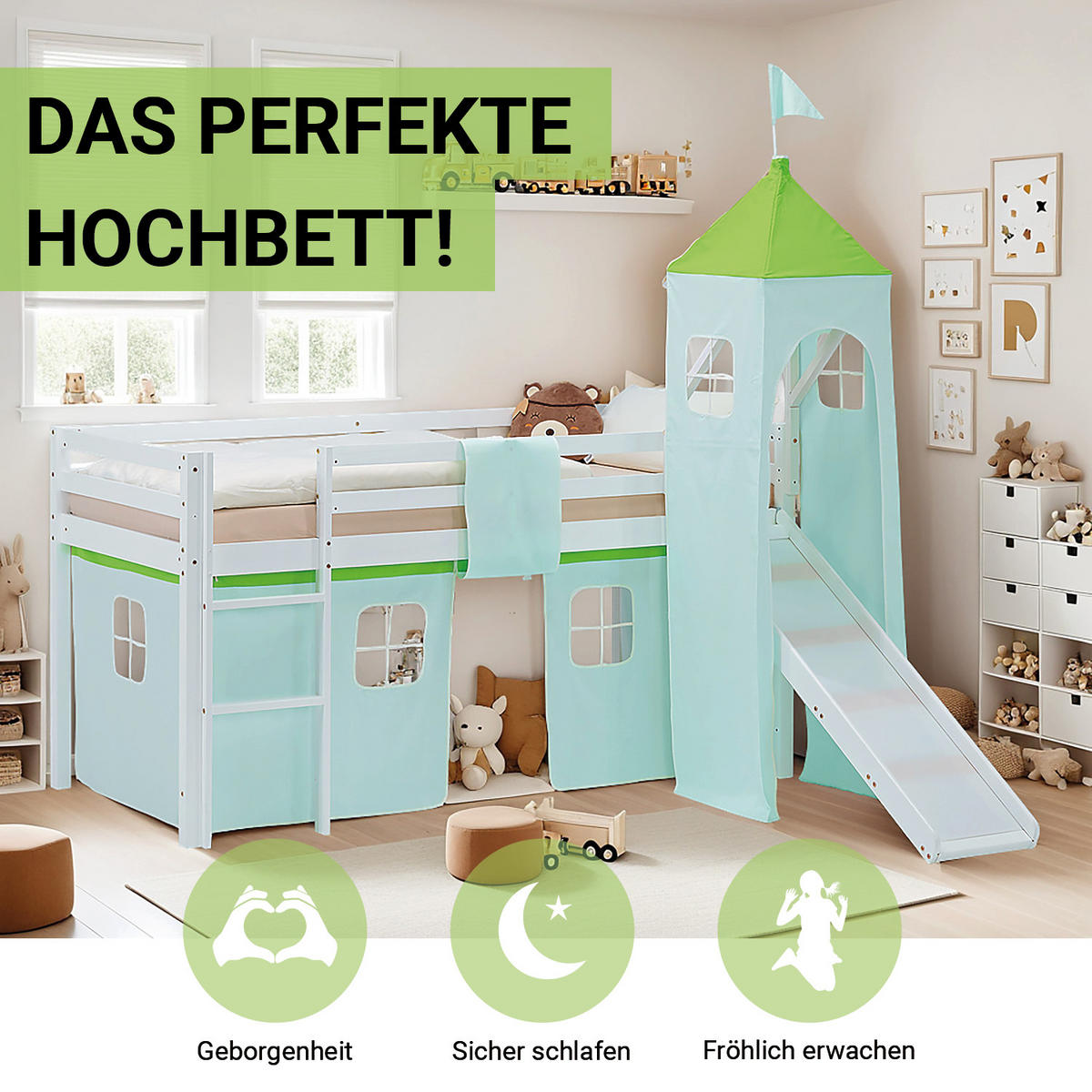 HOCHBETT 90/200 cm in weiß Rutsche Turm Bettvorhang Grün Lattenrost - Weiß/Grün, Holz/Textil (90/200cm) - Homestyle4u